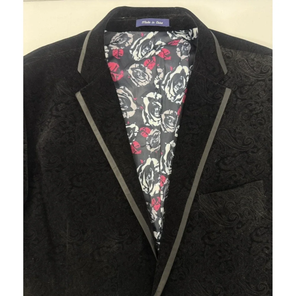 Alan Flusser Mens 48R Black Paisley Velvet Tuxedo Blazer Floral Lined *FLAW